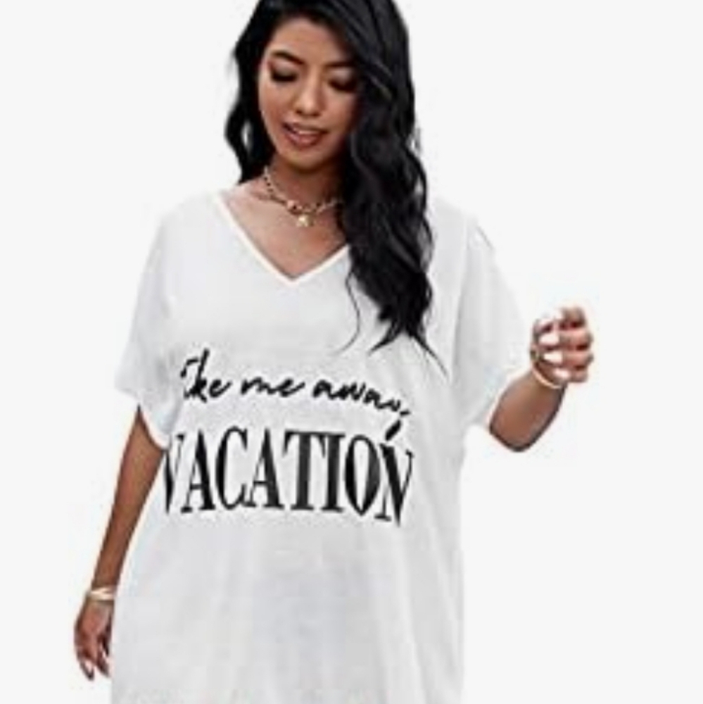 Shein  white cotton split sleeve slogan fringe hem Beach  dress tunic